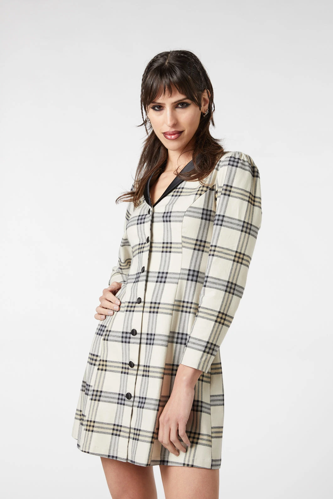Crescent Beige Tartan Long Sleeve Mini Dress – Contrast Lapel Button-Down Fit and Flare 3 Crescent Beige Tartan Long Sleeve Mini Dress – Contrast Lapel Button-Down Fit and Flare