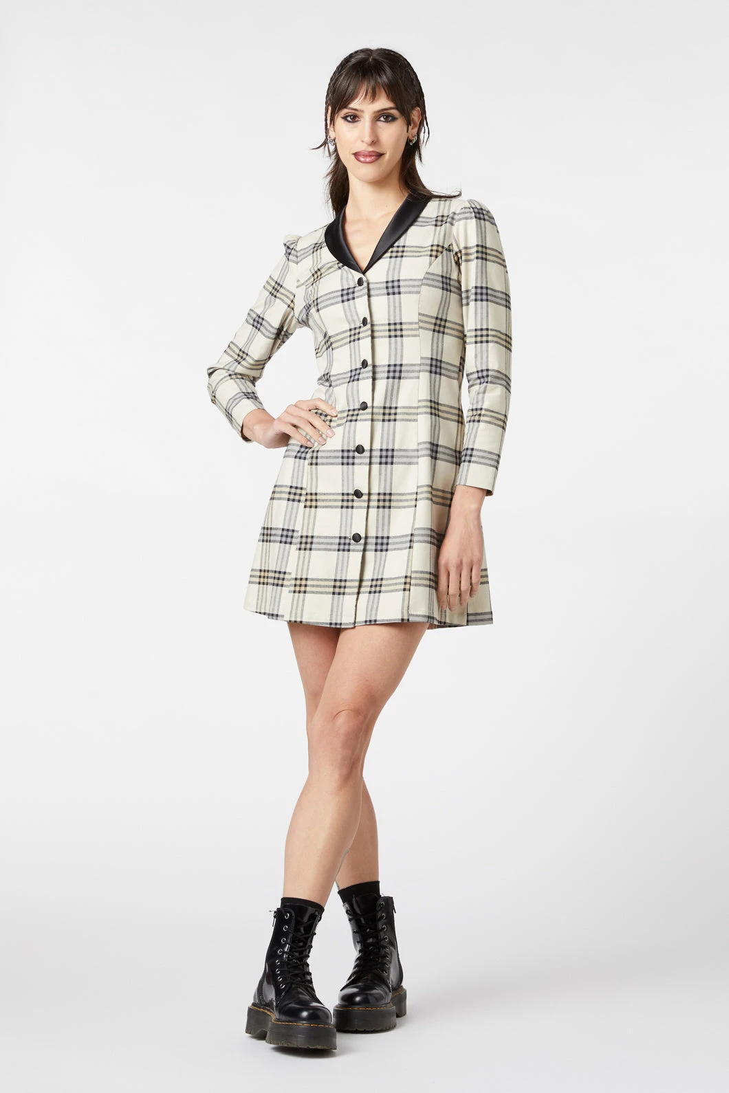 Crescent Beige Tartan Long Sleeve Mini Dress – Contrast Lapel Button-Down Fit and Flare 4 Crescent Beige Tartan Long Sleeve Mini Dress – Contrast Lapel Button-Down Fit and Flare - Image 2