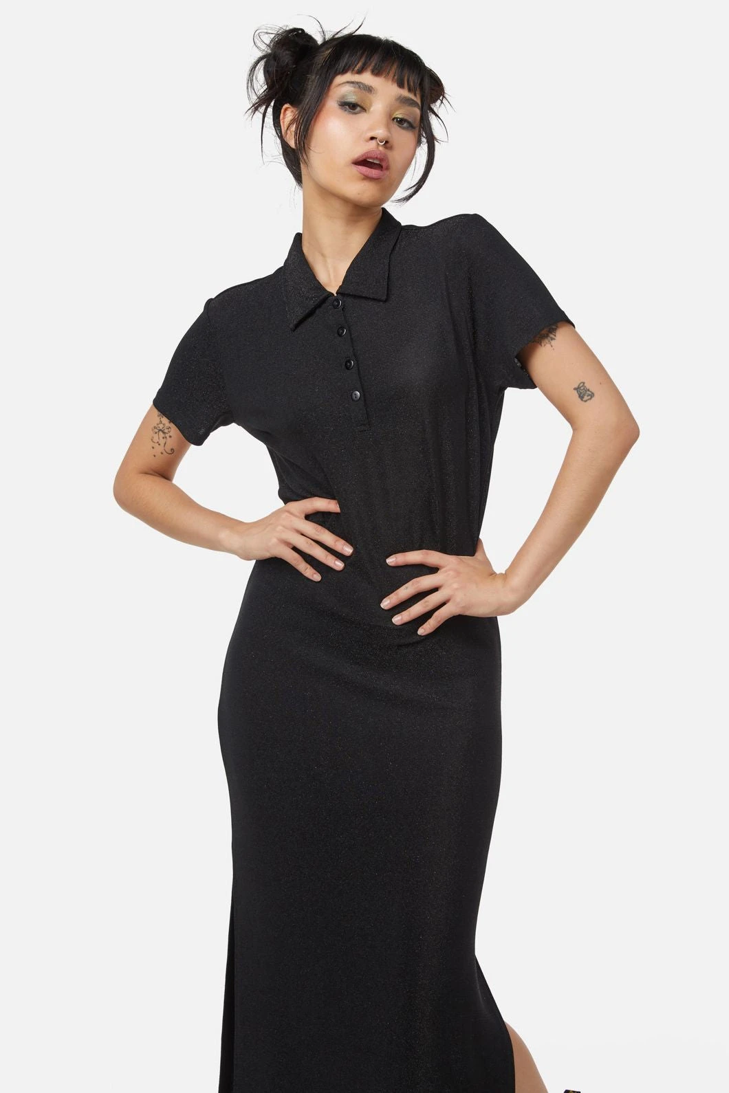 Dangerfield Rainbow Black Glitter Mesh Midi Dress – Relaxed Fit Button-Front T-Shirt Sleeve Dress 4 Dangerfield Rainbow Black Glitter Mesh Midi Dress – Relaxed Fit Button-Front T-Shirt Sleeve Dress - Image 2