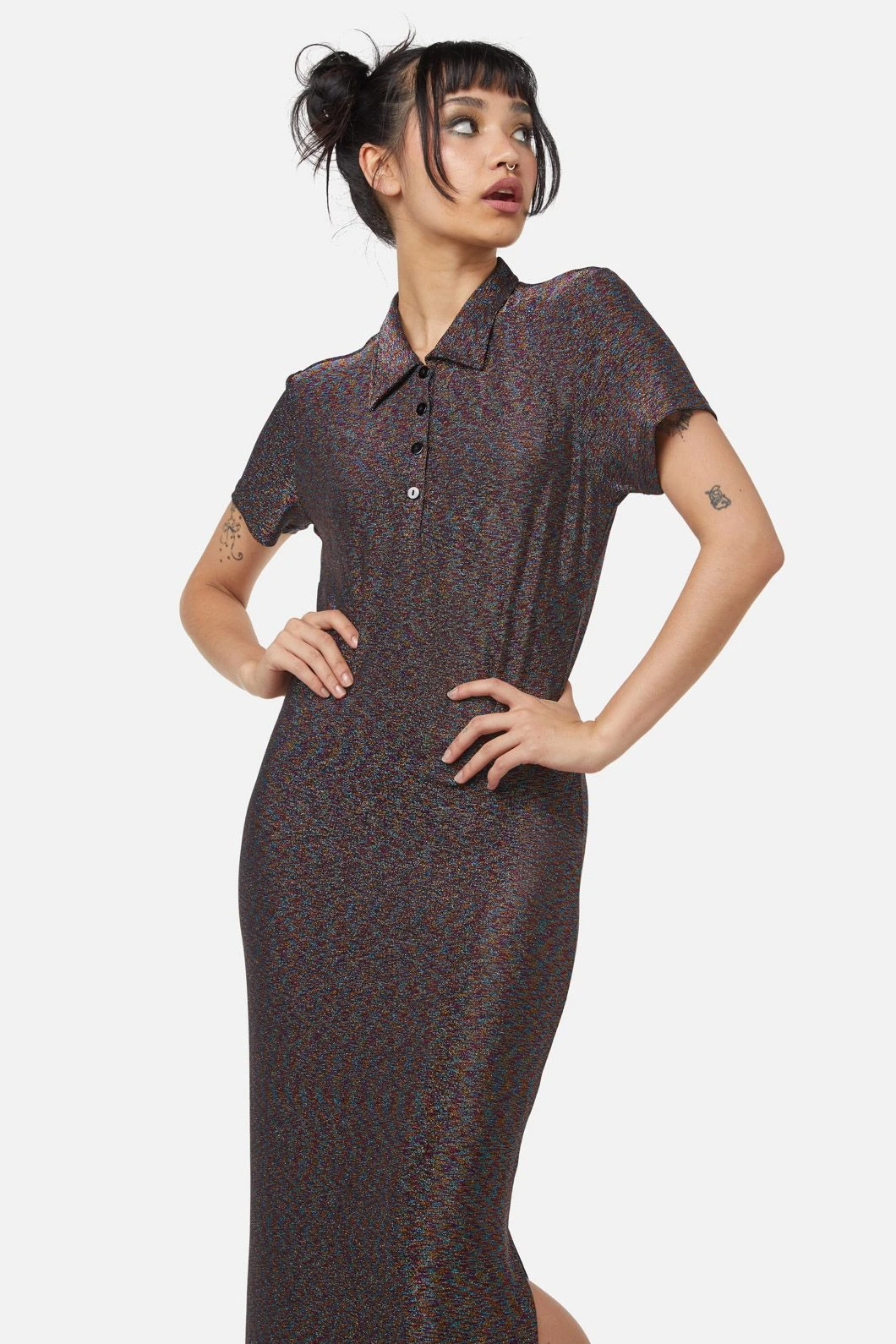 Dangerfield Rainbow Black Glitter Mesh Midi Dress – Relaxed Fit Button-Front T-Shirt Sleeve Dress 9 Dangerfield Rainbow Black Glitter Mesh Midi Dress – Relaxed Fit Button-Front T-Shirt Sleeve Dress - Image 7