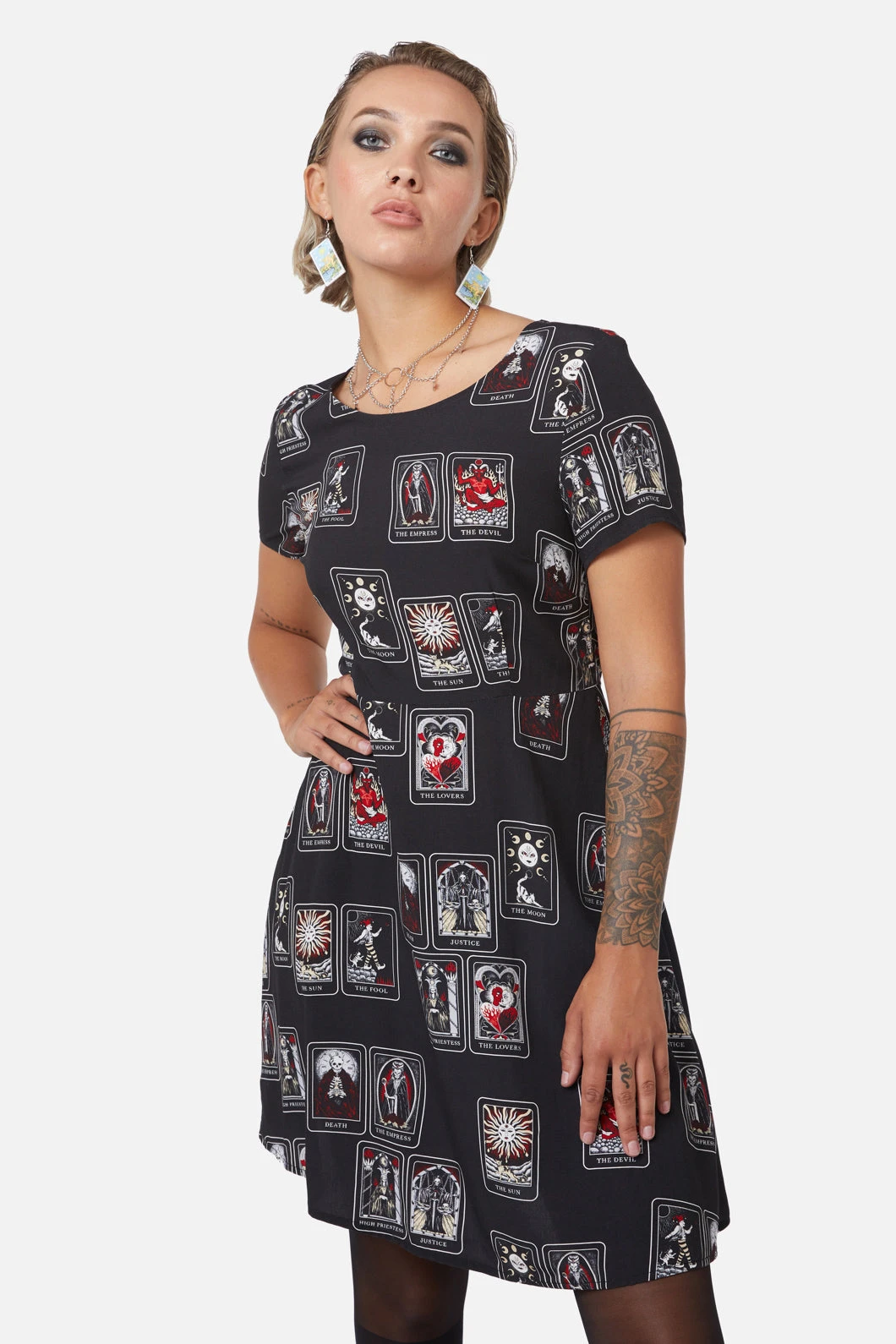 Dangerfield Black Tarot Spread Print Fit and Flare Dress – Mystical Monochrome Short Sleeve Casual Dress 3 Dangerfield Black Tarot Spread Print Fit and Flare Dress – Mystical Monochrome Short Sleeve Casual Dress