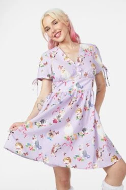 Dangerfield Kitsch Kitty Print Dress in Cream & Purple – Retro Puffy Sleeve Cotton Fit & Flare Dress -ModCloth DGFY434 005 1
