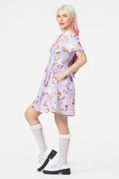 Dangerfield Kitsch Kitty Print Dress in Cream & Purple – Retro Puffy Sleeve Cotton Fit & Flare Dress -ModCloth DGFY434 005 3