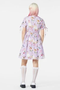 Dangerfield Kitsch Kitty Print Dress in Cream & Purple – Retro Puffy Sleeve Cotton Fit & Flare Dress -ModCloth DGFY434 005 4