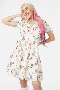 Dangerfield Kitsch Kitty Print Dress in Cream & Purple – Retro Puffy Sleeve Cotton Fit & Flare Dress -ModCloth DGFY434 020 1