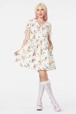 Dangerfield Kitsch Kitty Print Dress in Cream & Purple – Retro Puffy Sleeve Cotton Fit & Flare Dress -ModCloth DGFY434 020 2