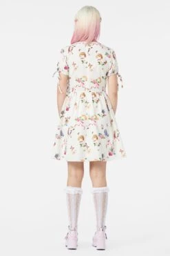 Dangerfield Kitsch Kitty Print Dress in Cream & Purple – Retro Puffy Sleeve Cotton Fit & Flare Dress -ModCloth DGFY434 020 4