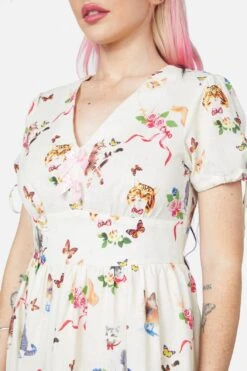 Dangerfield Kitsch Kitty Print Dress in Cream & Purple – Retro Puffy Sleeve Cotton Fit & Flare Dress -ModCloth DGFY434 020 5