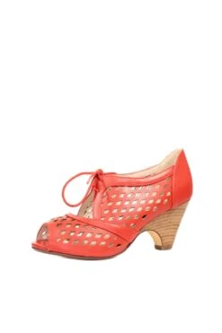 Jojo Vintage Faux Leather Lace-Up Heels - Cutout Peep-Toe Stacked Heel -ModCloth JOJO PU CHELSEACREW RED 02 1