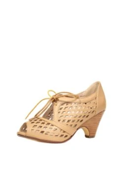 Jojo Vintage Faux Leather Lace-Up Heels - Cutout Peep-Toe Stacked Heel -ModCloth JOJO PU CHELSEACREW TAN 01