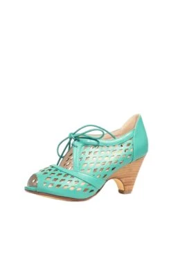 Jojo Vintage Faux Leather Lace-Up Heels - Cutout Peep-Toe Stacked Heel -ModCloth JOJO PU CHELSEACREW TEAL 02 1