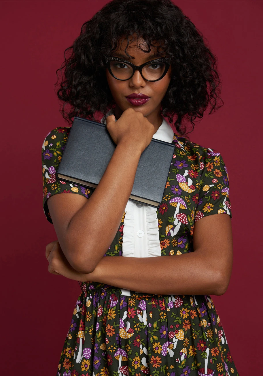 Yes, Darling Moss Green Mushroom Print Fit and Flare Dress – 70s Vintage Mini with Contrast Collar 4 Yes, Darling Moss Green Mushroom Print Fit and Flare Dress – 70s Vintage Mini with Contrast Collar - Image 2