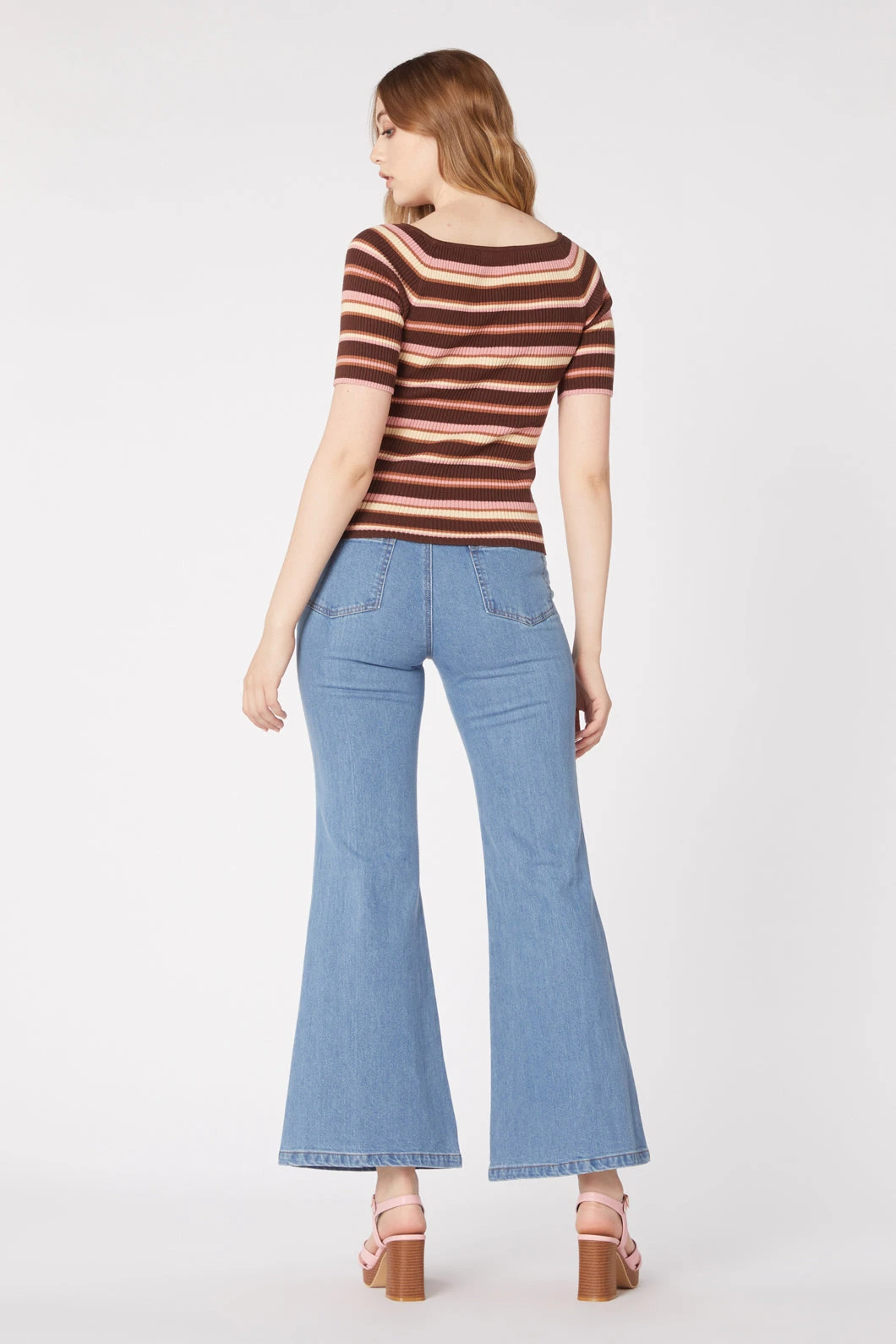 Ava Striped Ribbed Knit Top - Boat Neck Elbow-Length Sleeve Slim Fit Tee 4 Ava Striped Ribbed Knit Top - Boat Neck Elbow-Length Sleeve Slim Fit Tee - Image 2