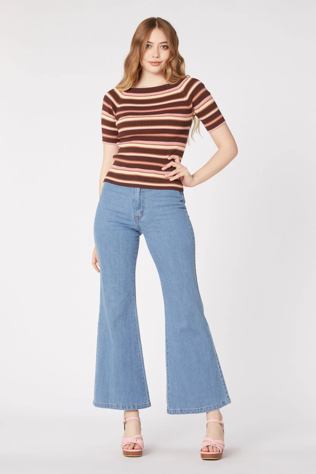 Ava Striped Ribbed Knit Top - Boat Neck Elbow-Length Sleeve Slim Fit Tee 5 Ava Striped Ribbed Knit Top - Boat Neck Elbow-Length Sleeve Slim Fit Tee - Image 3