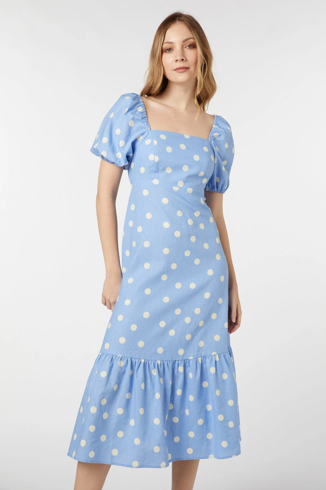 Lucy Polka Dot Midi Dress – Linen-Cotton Puff Sleeve with Tie-Back Detail 10 Lucy Polka Dot Midi Dress – Linen-Cotton Puff Sleeve with Tie-Back Detail - Image 8