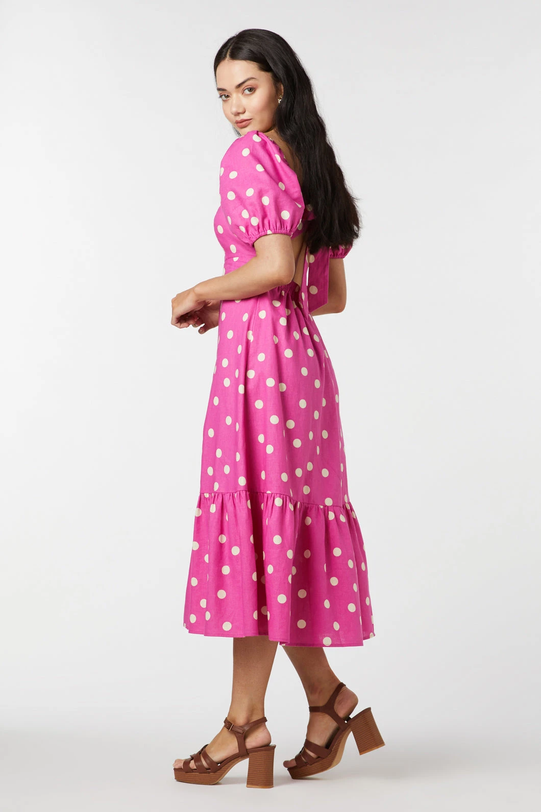 Lucy Polka Dot Midi Dress – Linen-Cotton Puff Sleeve with Tie-Back Detail 6 Lucy Polka Dot Midi Dress – Linen-Cotton Puff Sleeve with Tie-Back Detail - Image 4