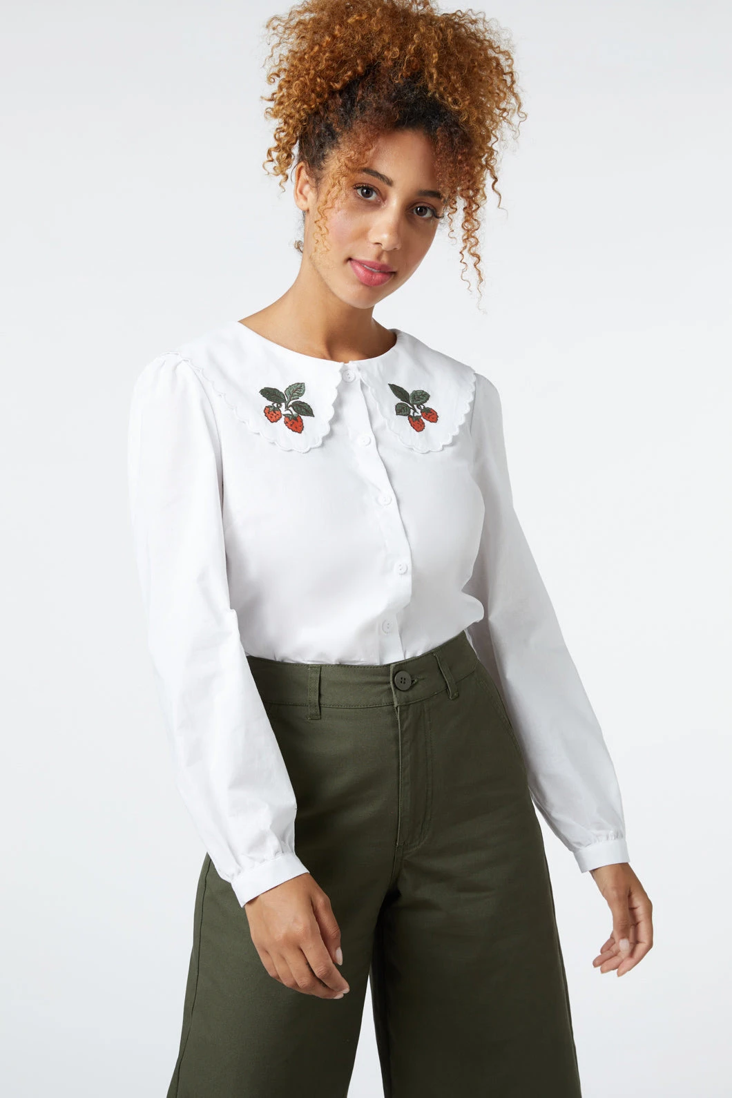 Berry Embroidered Scalloped Collar Blouse – 100% Organic Cotton Button-Down Top 3 Berry Embroidered Scalloped Collar Blouse – 100% Organic Cotton Button-Down Top