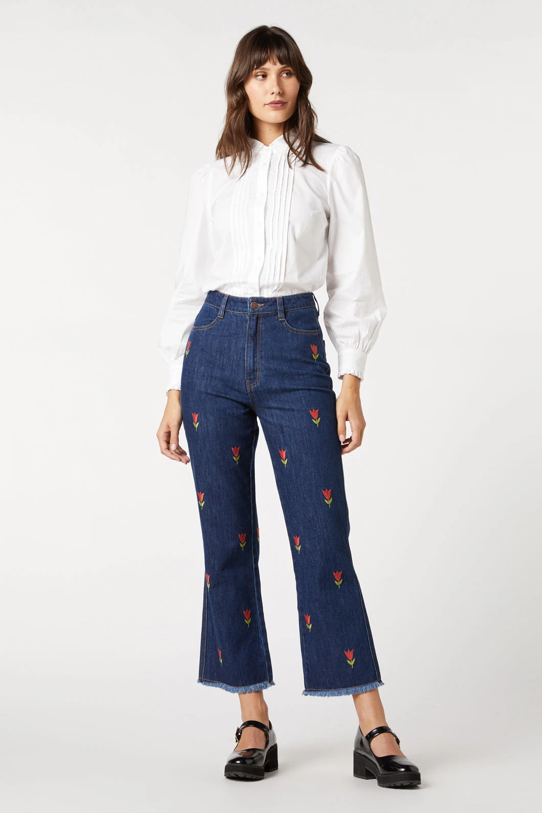 Tulip Embroidered Blue Denim - High-Waisted Flare Leg Floral Jeans 3 Tulip Embroidered Blue Denim - High-Waisted Flare Leg Floral Jeans