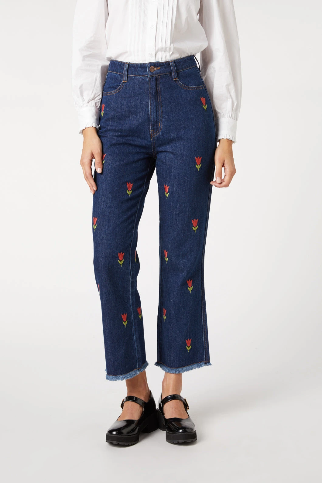 Tulip Embroidered Blue Denim - High-Waisted Flare Leg Floral Jeans 4 Tulip Embroidered Blue Denim - High-Waisted Flare Leg Floral Jeans - Image 2