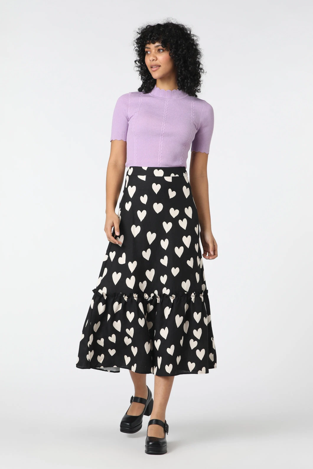 Love Hearts Hand-Painted Motif High-Waisted Ruffle Hem Midi Skirt 4 Love Hearts Hand-Painted Motif High-Waisted Ruffle Hem Midi Skirt - Image 2