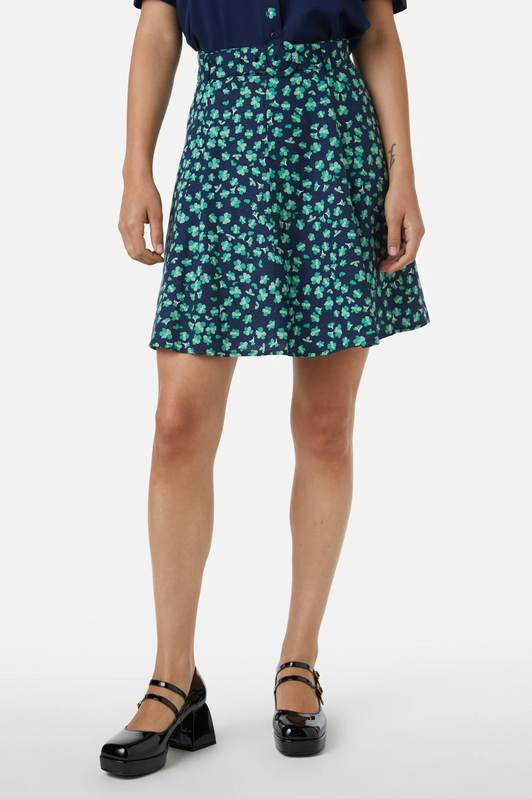 Mille Fleur Ditsy Floral Botanical - Paneled Linen-Viscose Mini Skirt with Matching Belt 3 Mille Fleur Ditsy Floral Botanical - Paneled Linen-Viscose Mini Skirt with Matching Belt