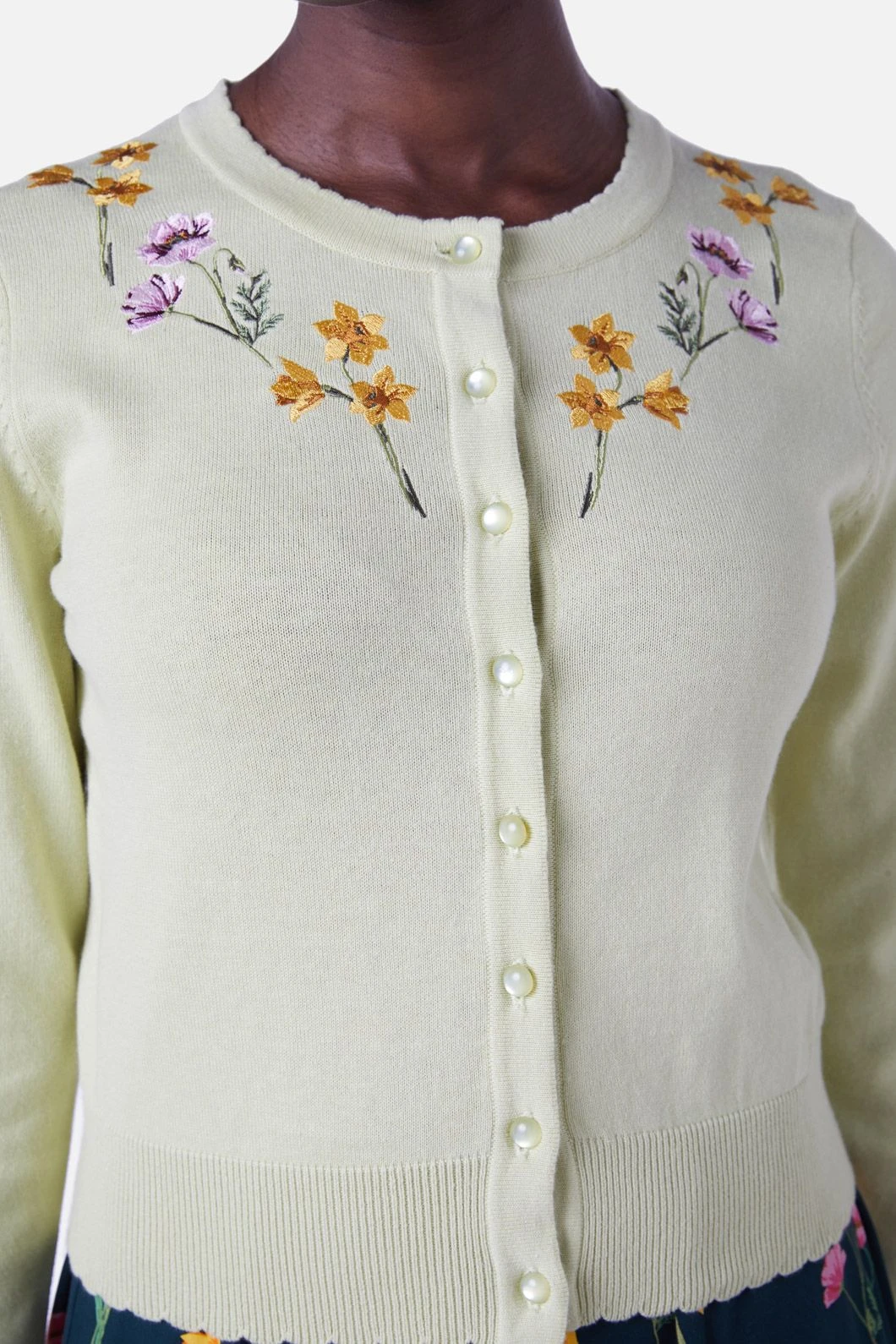 Poppy & Daffodil Floral Embroidered Cardigan – Scalloped Edge Cotton Knit 7 Poppy & Daffodil Floral Embroidered Cardigan – Scalloped Edge Cotton Knit - Image 5