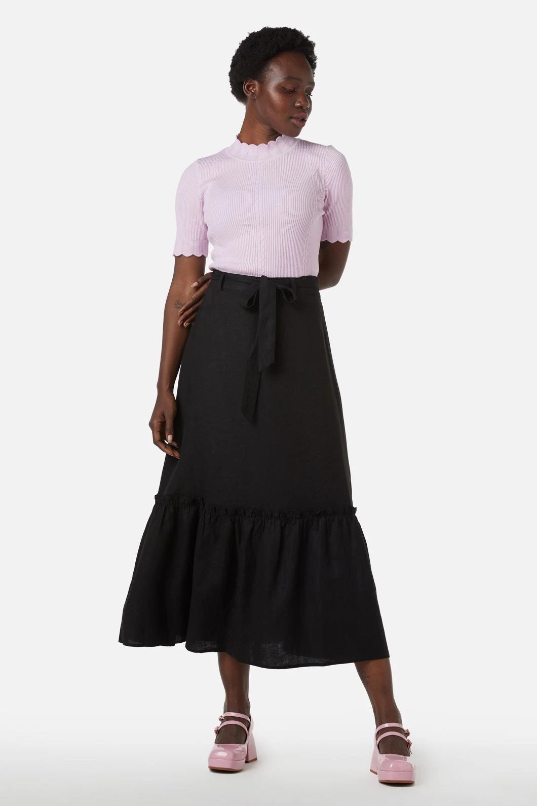 Addison High-Waisted Linen Blend Midi Skirt with Ruffle Hem and Removable Tie 4 Addison High-Waisted Linen Blend Midi Skirt with Ruffle Hem and Removable Tie - Image 2