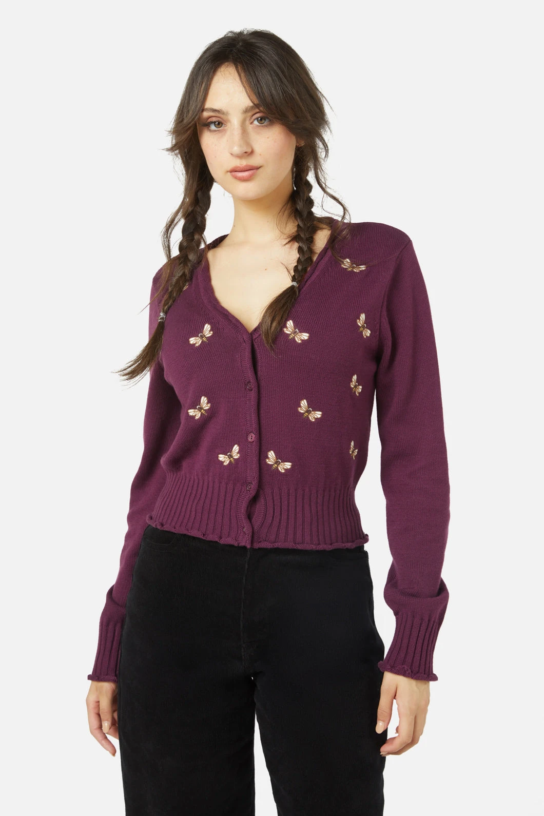 Princess Highway Plum Purple Bee Embroidered – Scallop Trim V-Neck Cardigan 3 Princess Highway Plum Purple Bee Embroidered – Scallop Trim V-Neck Cardigan