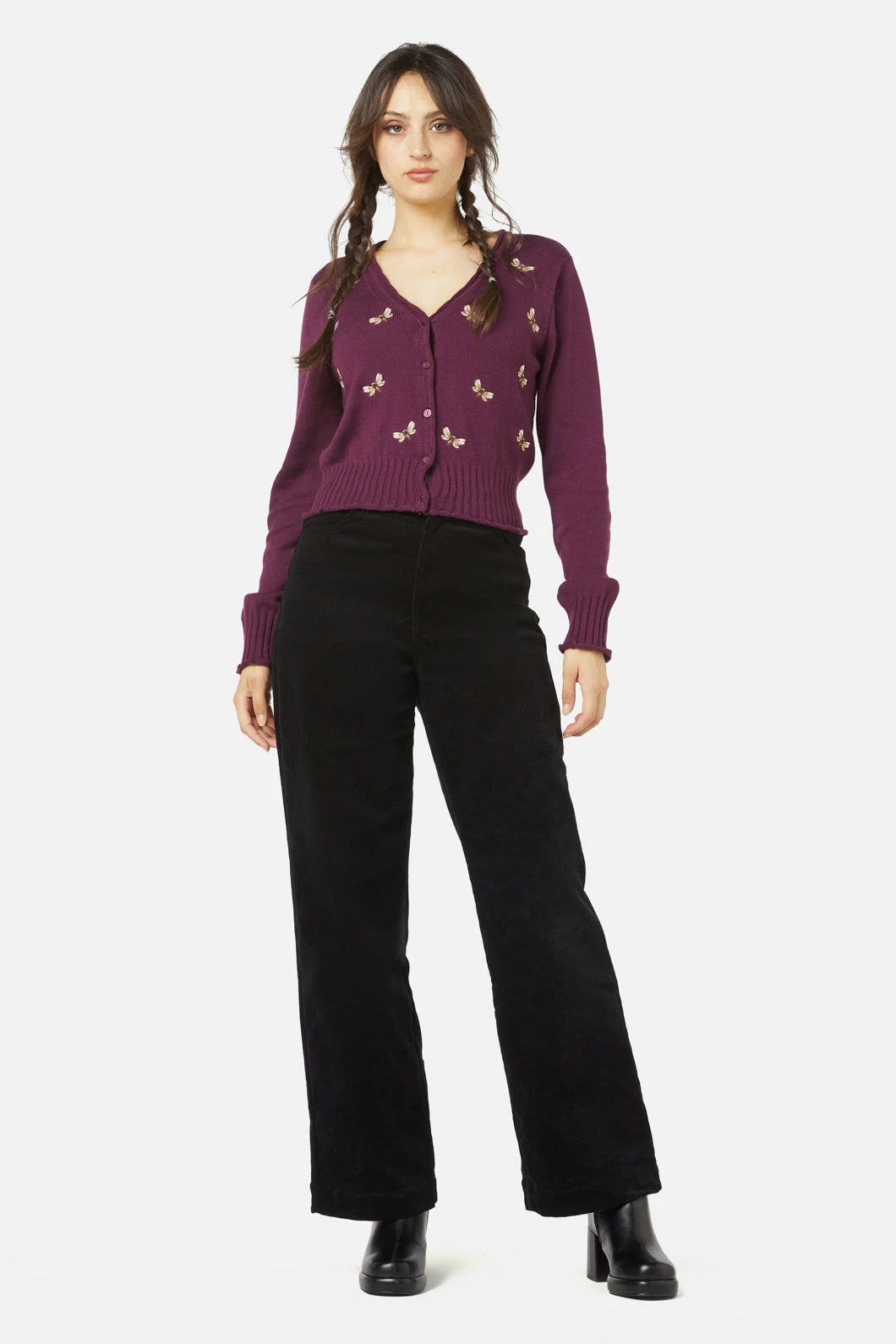 Princess Highway Plum Purple Bee Embroidered – Scallop Trim V-Neck Cardigan 4 Princess Highway Plum Purple Bee Embroidered – Scallop Trim V-Neck Cardigan - Image 2