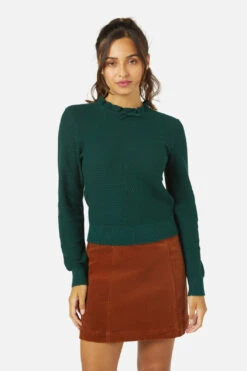 Princess Highway Bella Knit Top in Deep Forest – Ruffled Neckline & Bow Detail Textured Sweater -ModCloth PGFX323 385 1