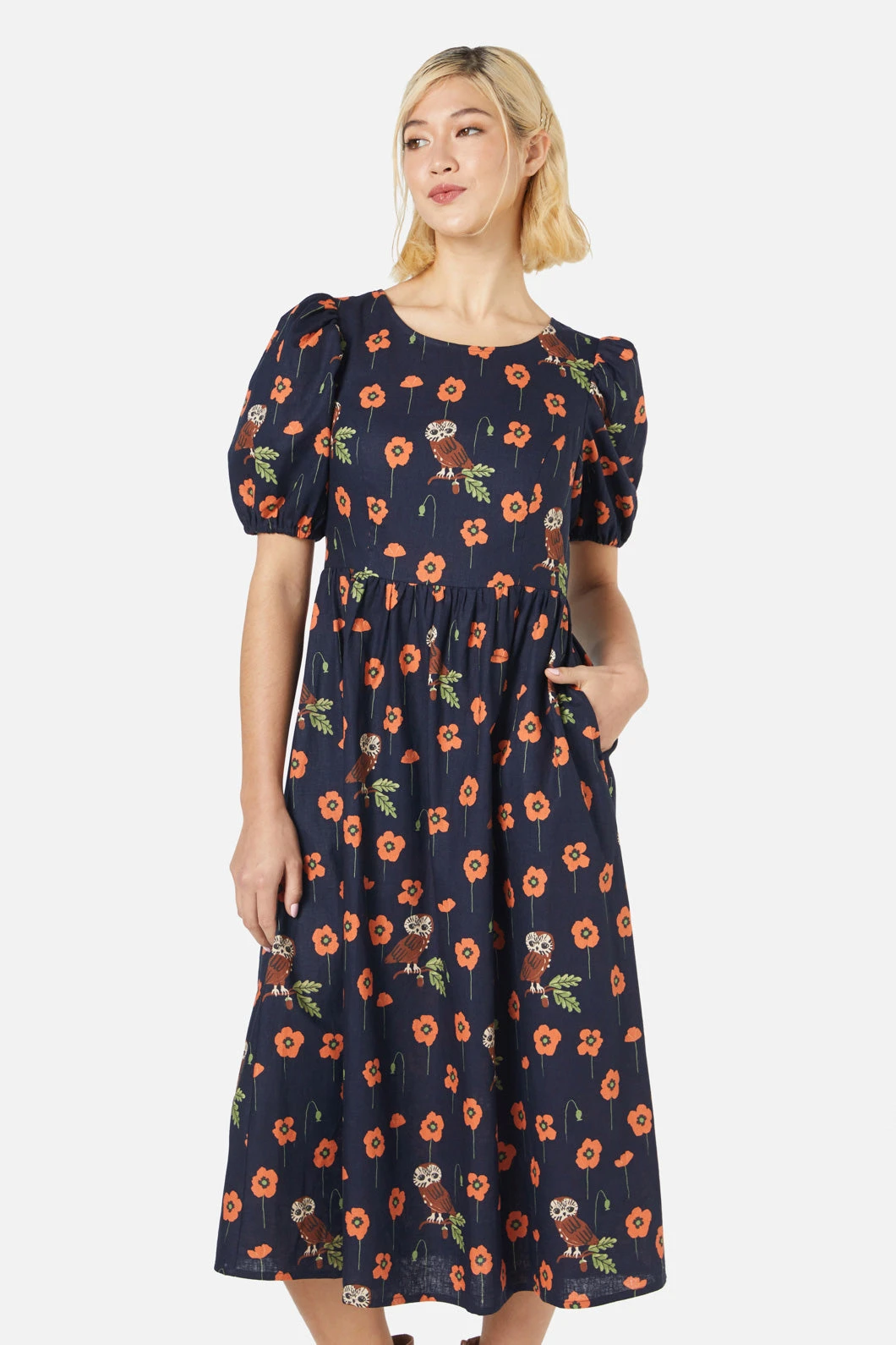 Poppy Owl Printed Linen Blend Midi Dress – Whimsical Short Puff Sleeve A-Line 3 Poppy Owl Printed Linen Blend Midi Dress – Whimsical Short Puff Sleeve A-Line