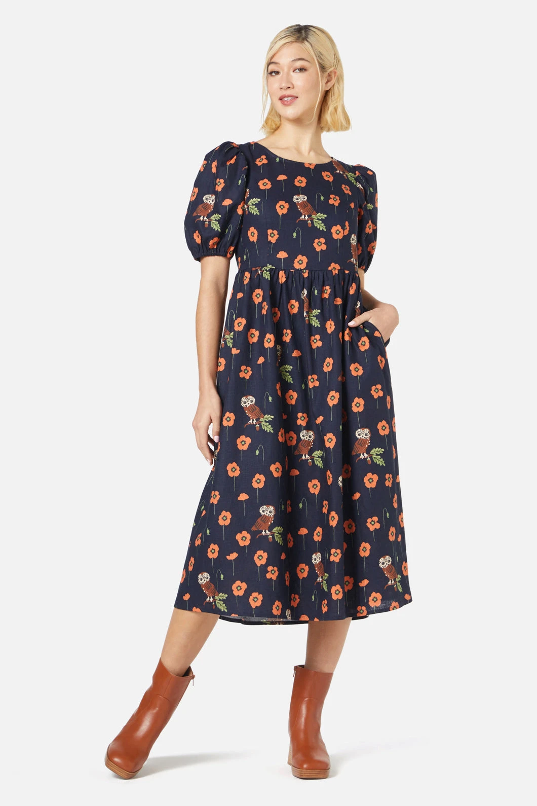 Poppy Owl Printed Linen Blend Midi Dress – Whimsical Short Puff Sleeve A-Line 4 Poppy Owl Printed Linen Blend Midi Dress – Whimsical Short Puff Sleeve A-Line - Image 2