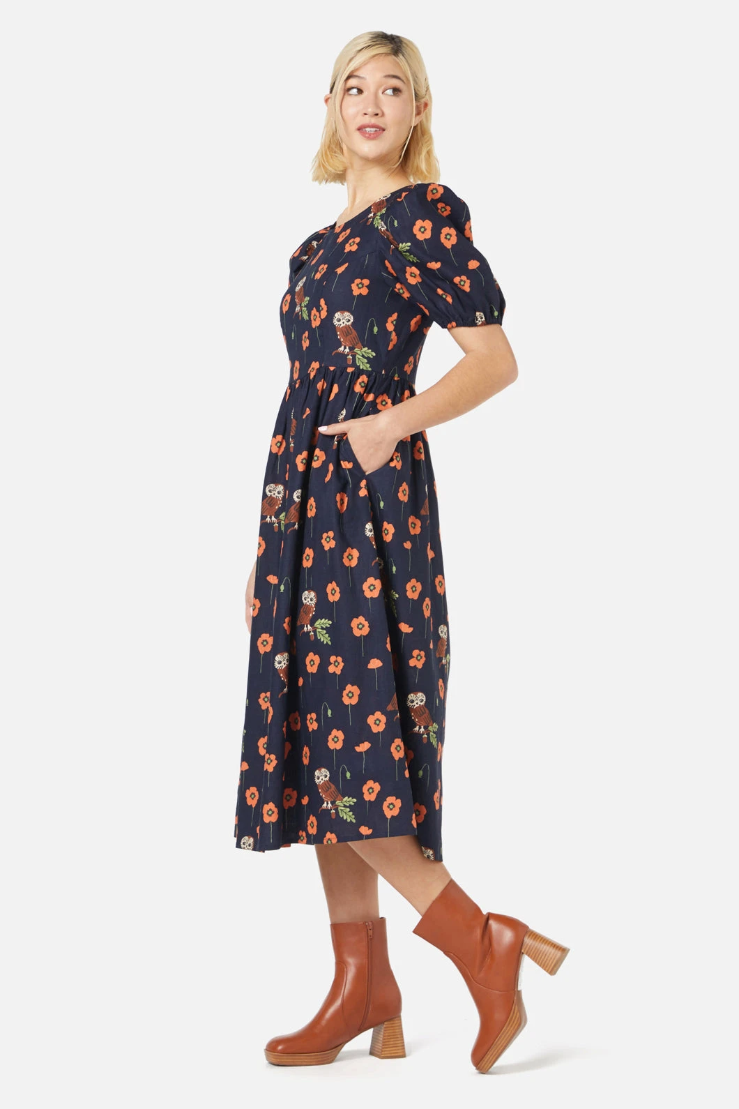 Poppy Owl Printed Linen Blend Midi Dress – Whimsical Short Puff Sleeve A-Line 5 Poppy Owl Printed Linen Blend Midi Dress – Whimsical Short Puff Sleeve A-Line - Image 3