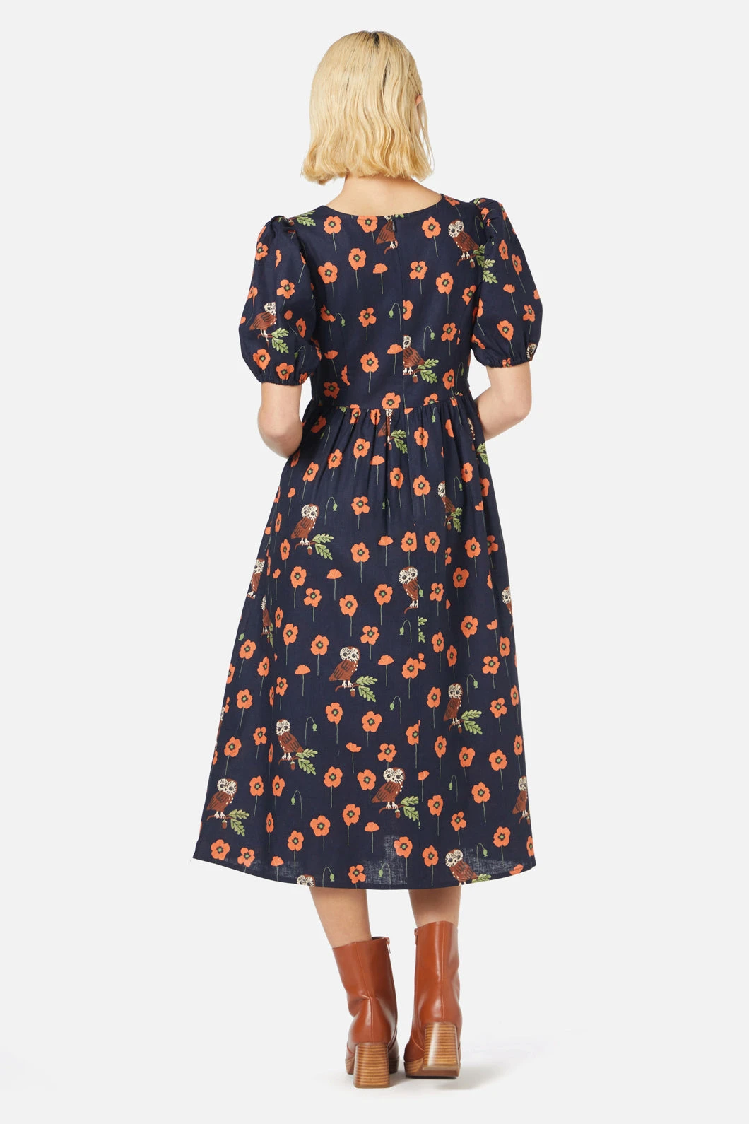 Poppy Owl Printed Linen Blend Midi Dress – Whimsical Short Puff Sleeve A-Line 6 Poppy Owl Printed Linen Blend Midi Dress – Whimsical Short Puff Sleeve A-Line - Image 4