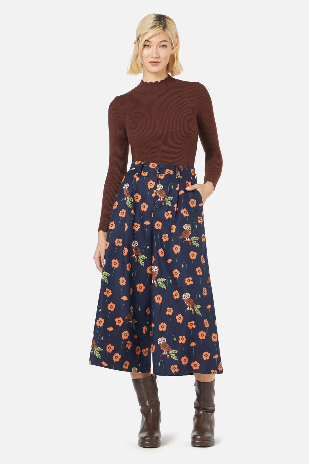 Poppy Owl Printed Textured Cotton High-Waist Wide Leg Cropped Skort 3 Poppy Owl Printed Textured Cotton High-Waist Wide Leg Cropped Skort