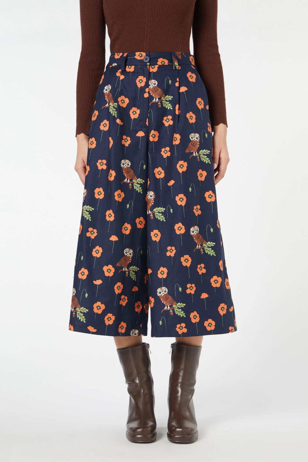 Poppy Owl Printed Textured Cotton High-Waist Wide Leg Cropped Skort 4 Poppy Owl Printed Textured Cotton High-Waist Wide Leg Cropped Skort - Image 2