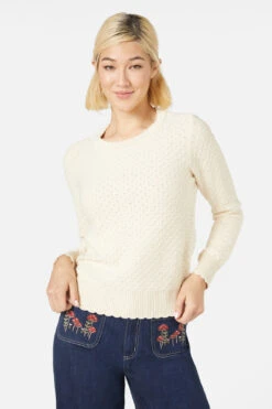 Princess Highway Paige Sweater – Gold Sheer Diamond Knit Scallop Neck Pullover -ModCloth PGFX444 020 1