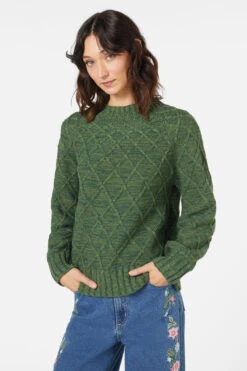 Princess Highway Green Two-Tone Quinn – Diamond Knit Raglan Mock Neck Sweater -ModCloth PGFX497 016 1