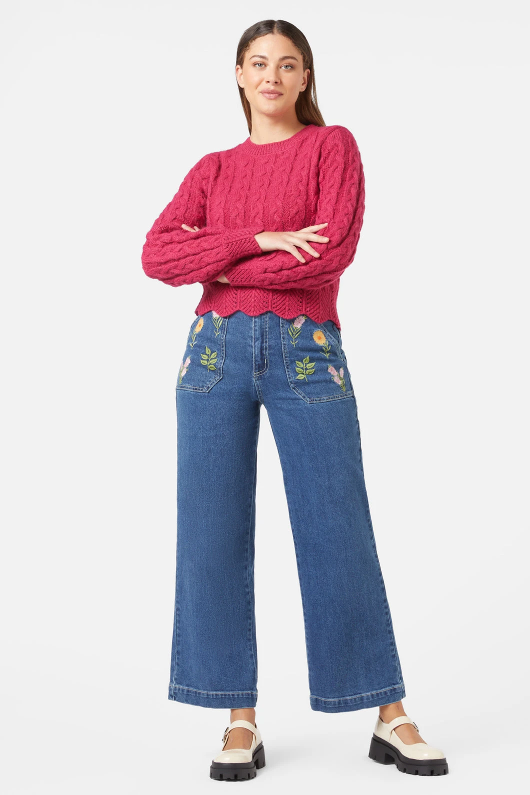 Sandy Raspberry Bright Pink Cable Knit Cropped Sweater - Scallop Edge Detail 4 Sandy Raspberry Bright Pink Cable Knit Cropped Sweater - Scallop Edge Detail - Image 2