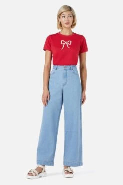 Princess Highway Light Wash Denim - White Bow Embroidered High-Waisted Wide-Leg Jeans -ModCloth PGFY470 157 1