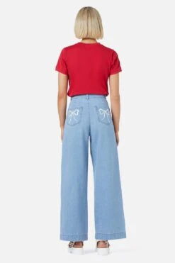 Princess Highway Light Wash Denim - White Bow Embroidered High-Waisted Wide-Leg Jeans -ModCloth PGFY470 157 4