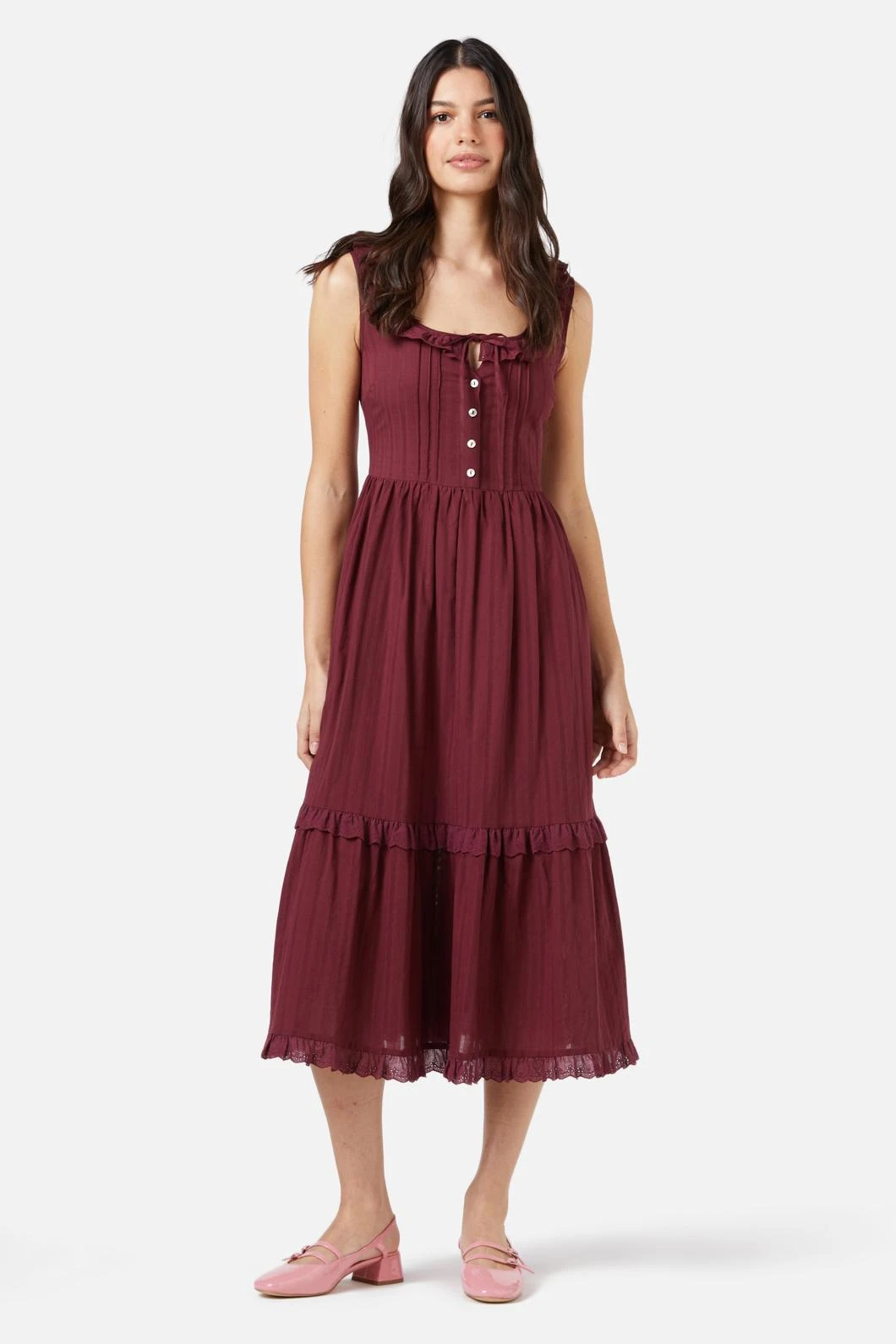 Princess Highway Dallas Corset Dress in Wine – Cottage-Core Lace-Up Cotton Midi Dress 4 Princess Highway Dallas Corset Dress in Wine – Cottage-Core Lace-Up Cotton Midi Dress - Image 2