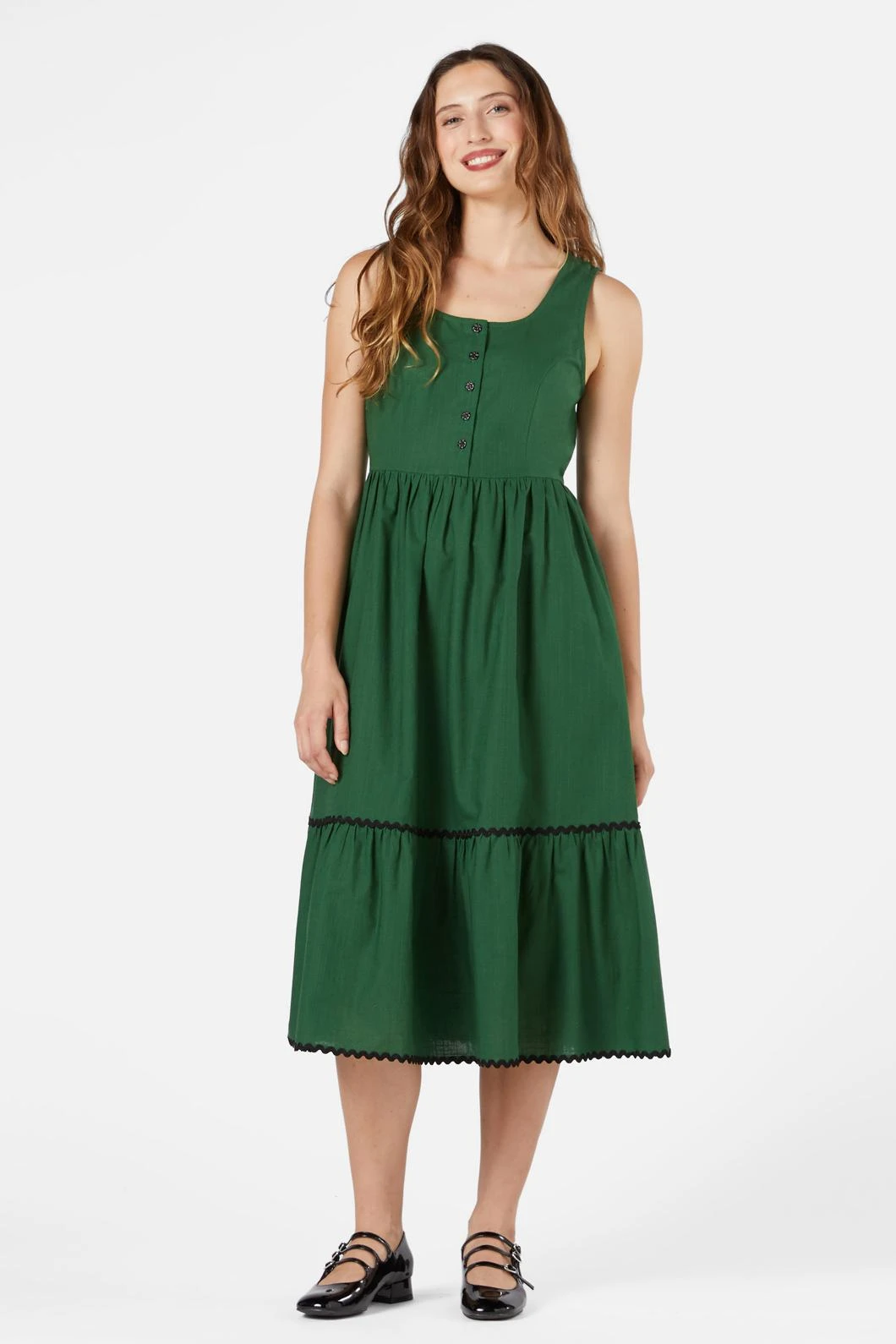 Princess Highway Shay Green Cotton Tiered Midi Dress - Vintage Daisy Button Front 4 Princess Highway Shay Green Cotton Tiered Midi Dress - Vintage Daisy Button Front - Image 2