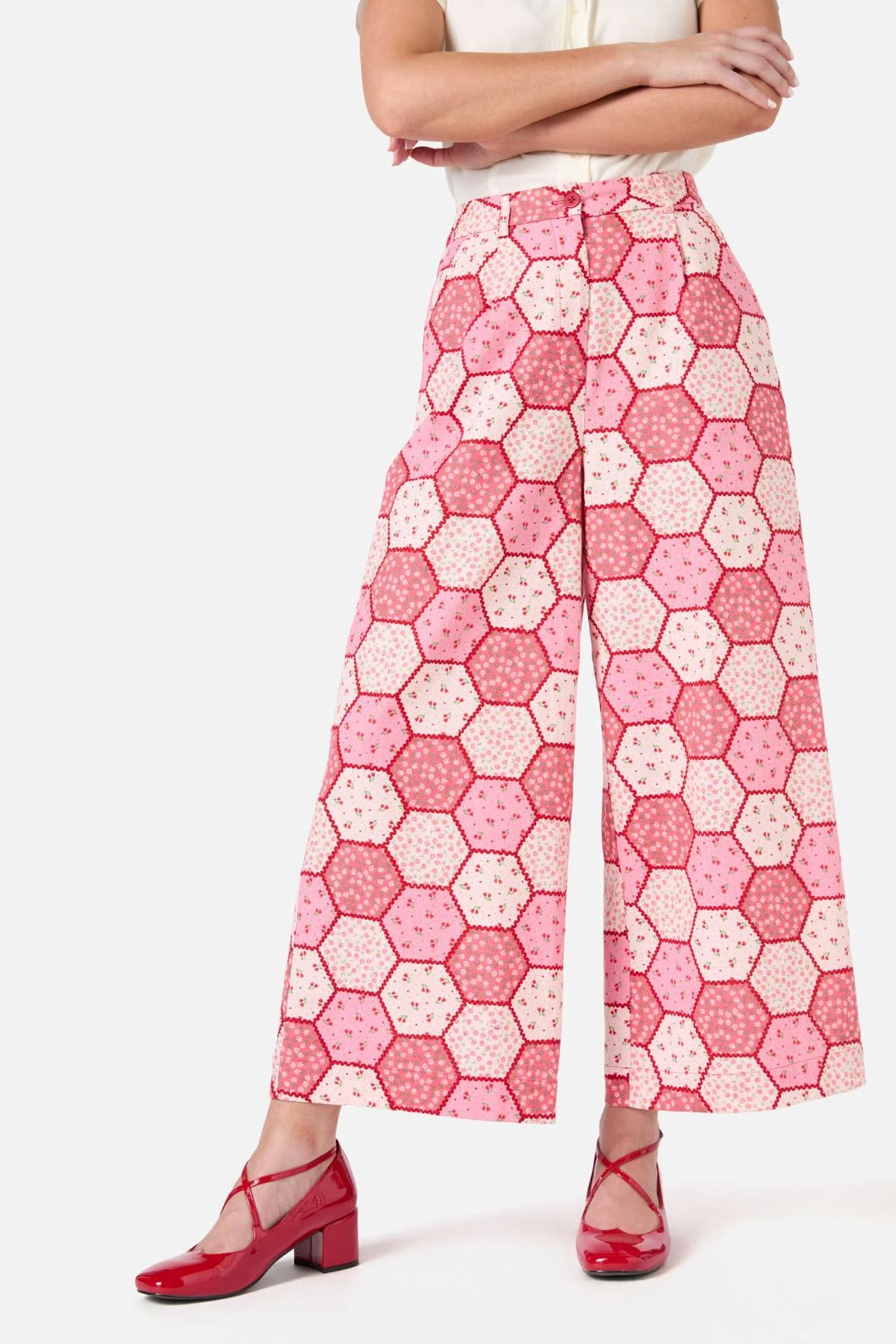 Princess Highway Patchwork Culotte – Pink & Red Floral Heart Print Wide-Leg Pants 3 Princess Highway Patchwork Culotte – Pink & Red Floral Heart Print Wide-Leg Pants