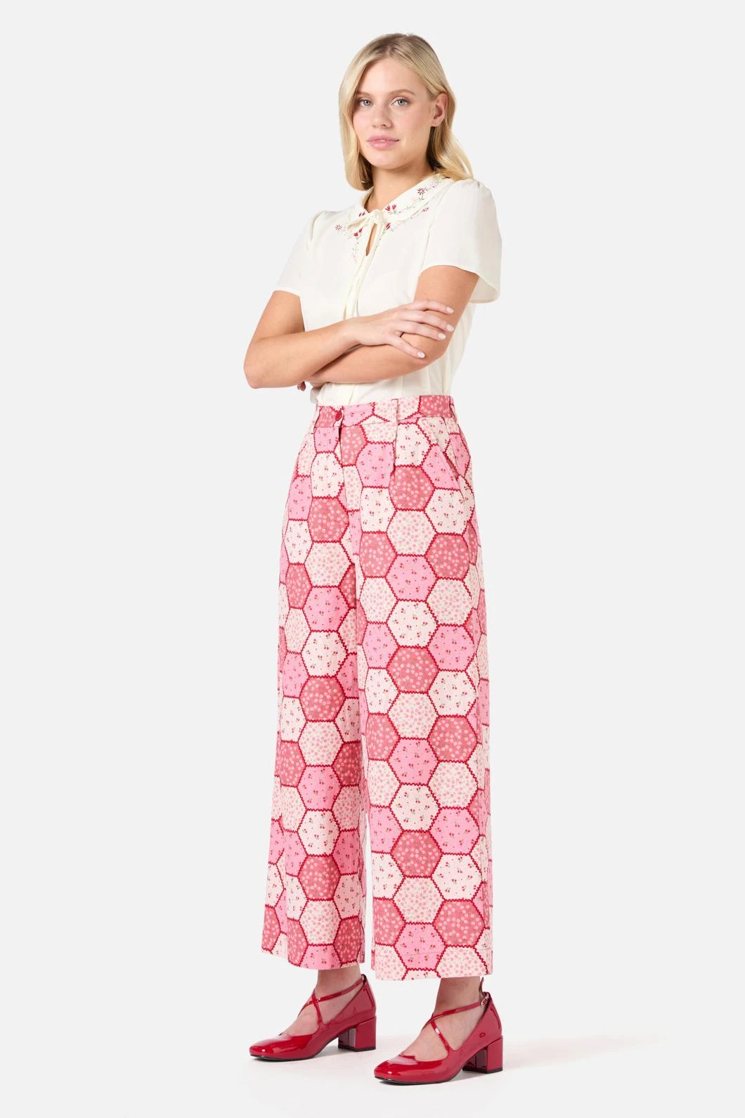 Princess Highway Patchwork Culotte – Pink & Red Floral Heart Print Wide-Leg Pants 5 Princess Highway Patchwork Culotte – Pink & Red Floral Heart Print Wide-Leg Pants - Image 3