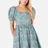 Princess Highway Blue Lattice Floral Mini Dress – Puffed Sleeve Cotton Square Neck -ModCloth PGFZ150 003 21