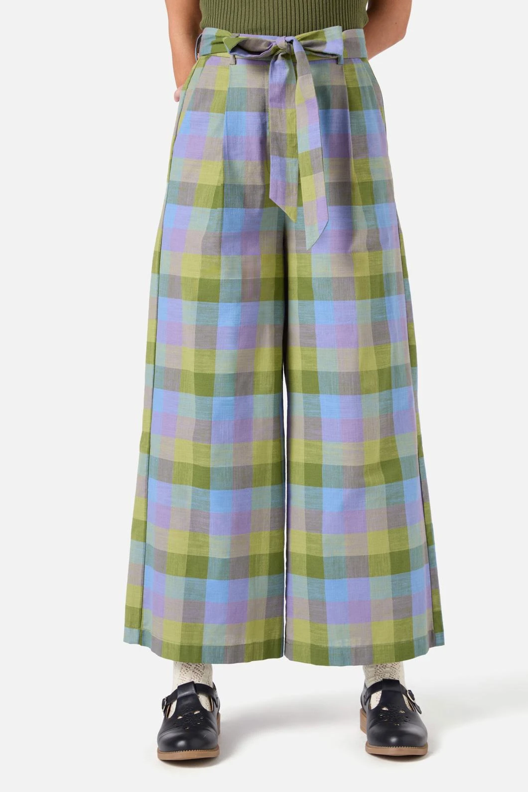 Princess Highway Maxine Olive & Lilac Check – High-Waisted Wide Leg Culotte 3 Princess Highway Maxine Olive & Lilac Check – High-Waisted Wide Leg Culotte