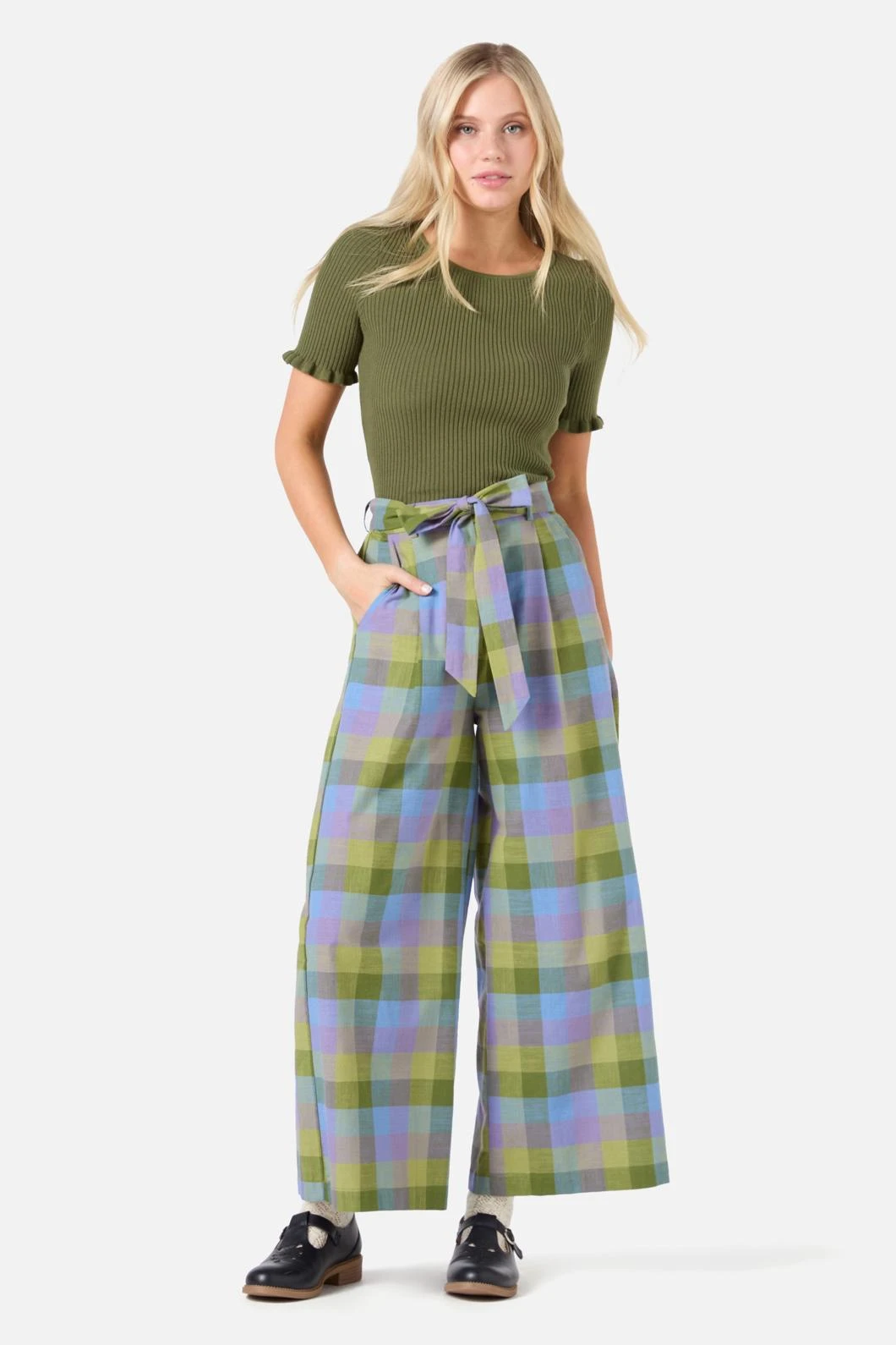 Princess Highway Maxine Olive & Lilac Check – High-Waisted Wide Leg Culotte 4 Princess Highway Maxine Olive & Lilac Check – High-Waisted Wide Leg Culotte - Image 2