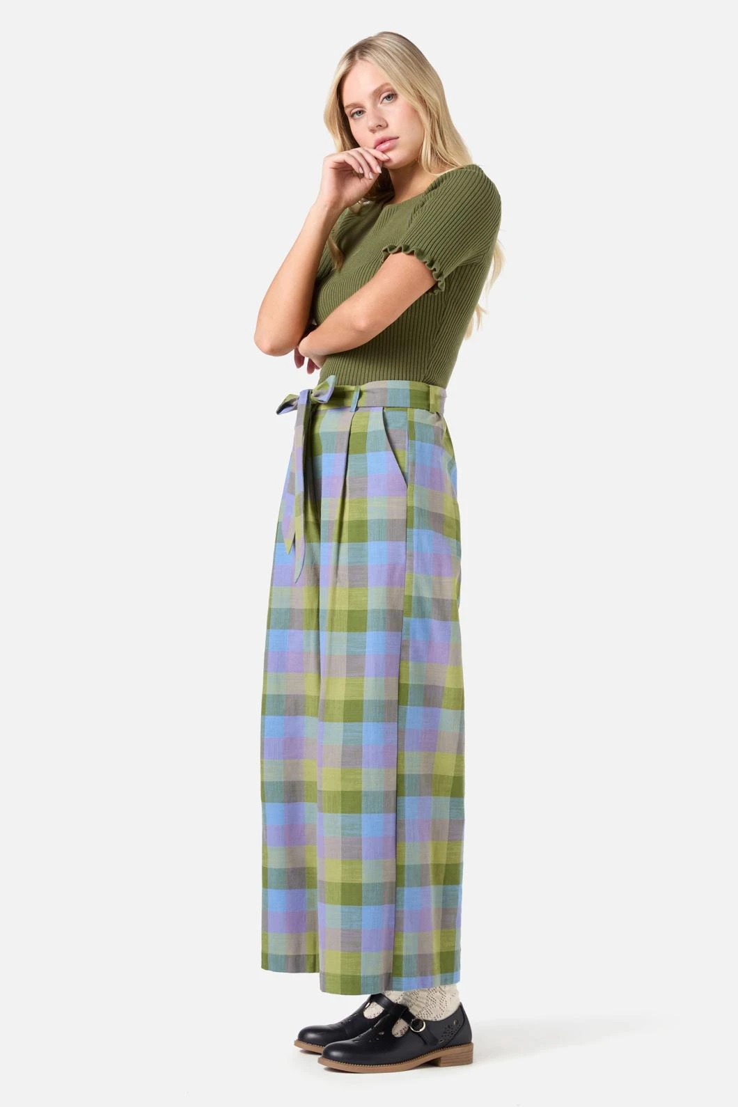 Princess Highway Maxine Olive & Lilac Check – High-Waisted Wide Leg Culotte 6 Princess Highway Maxine Olive & Lilac Check – High-Waisted Wide Leg Culotte - Image 4