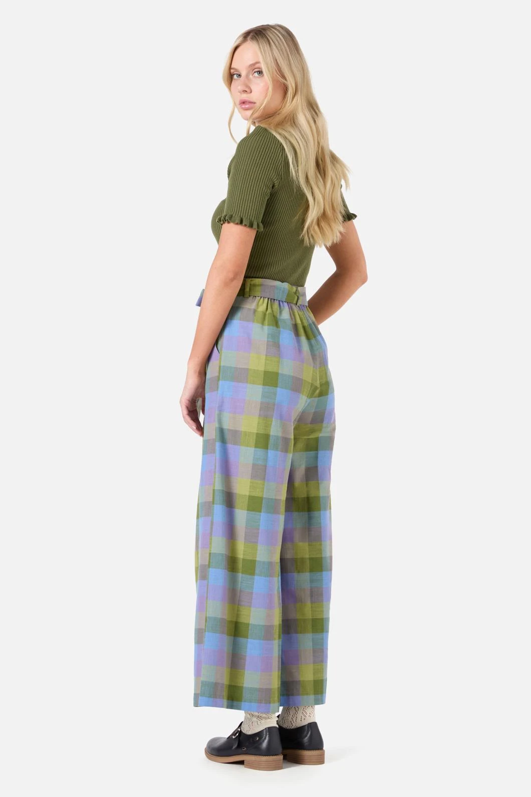 Princess Highway Maxine Olive & Lilac Check – High-Waisted Wide Leg Culotte 7 Princess Highway Maxine Olive & Lilac Check – High-Waisted Wide Leg Culotte - Image 5
